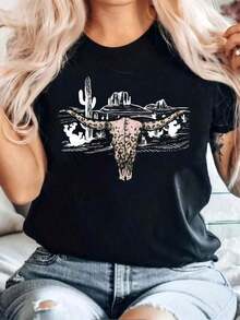 Camiseta Holgada Sencilla Mujer Estilo Moderno Camisa de mezclilla para mujer con diseño de paisaje del desierto del oeste - Estampado de cactus azul y calavera de toro estilo suroeste, diseño de cuero sintético rosa-marrón, camisa de estilo casual del oeste, adecuada para ranchos, festivales y atuendos de temática suroeste. Regalo ideal: camisa de mujer Camiseta Mujer Estampado Gráfico  Verano 2026 - Negro - Ver 1