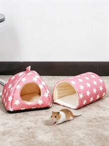 2pcs/Set Star Pattern Hamster Bed, Rabbit Hiding Place, Washable Small Pet Warm Nest With Guinea Pig Tunnel, Rabbit Hiding Cage Accessories Set, Suitable For Hamster, Ferret, Rabbit - Baby Pink - View 4