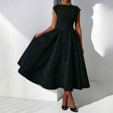 Women's Boat Neck Cap Sleeve Midi Dress, Corset Waist A-Line Flare Dress, Elegant Formal & Bridesmaid Dress - 黑色 - 查看 11