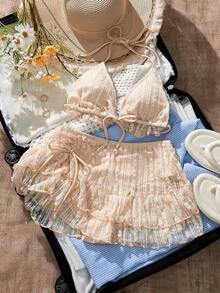 Conjunto de bikini y vestido de playa de tela de encaje color albaricoque dulce para mujer, vacaciones de verano - Albaricoque - Ver 4