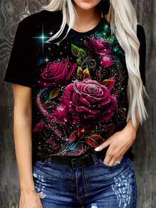 Camiseta de manga corta para mujer con estampado elegante, corte ajustado y cuello redondo. - Negro - Ver 9