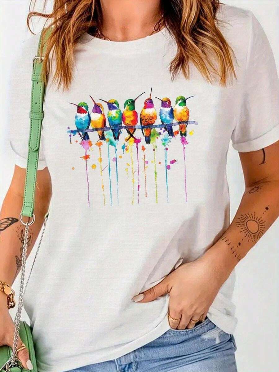 1 pieza, clásica y versátil, camiseta de manga corta de algodón puro, ideal para usar en cualquier estación. Estampado de colibrí con estilo acuarela, lleno de energía femenina, con un toque de moda - Blanco - Ver 1