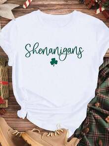 Elegante y casual para mujer, manga corta, camiseta blanca con estampado de trébol para el Día de San Patricio, ropa casual para primavera y verano. - Blanco - Ver 3