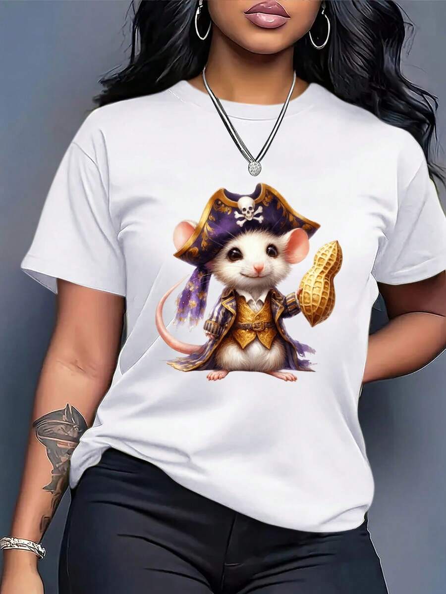 Talla Grande - Camiseta de Mujer con Estampado de Ratón Pirata - Camiseta negra de cuello redondo y corte holgado, ligera y casual para mujer, adecuada para eventos temáticos y uso diario - Divertido atuendo para fiestas de cosplay, moda de verano, diseño vibrante, material suave, top de corte holgado, blusas negras de algodón para mujer adulta. - Blanco - Ver 1