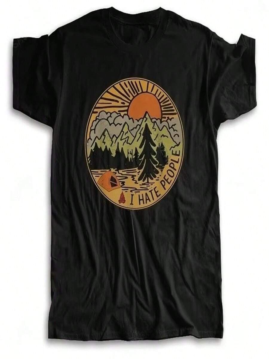 Camiseta con la frase "Odio a la gente a la que le gusta acampar", camiseta divertida para senderismo, camiseta retro con estampado digital, camiseta cómoda de verano para mujer. - Negro - Ver 1