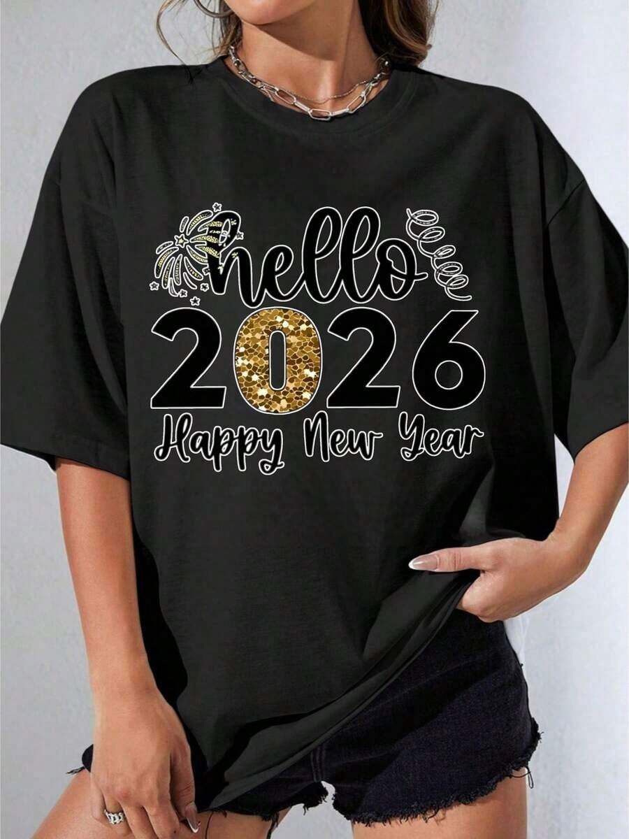 Camisetas de Mujer, Manga Corta Casual para Fiesta, Camiseta OneWhite con Estampado de Fuegos Artificiales Brillantes "Feliz Año Nuevo 2026", Top Casual para Celebración de Fiesta, 180g - Negro - Ver 1