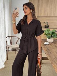 Conjunto de 2 piezas de camisa y pantalones de unicolor con cordón en la cintura, estilo casual de verano - Marrón - Ver 5