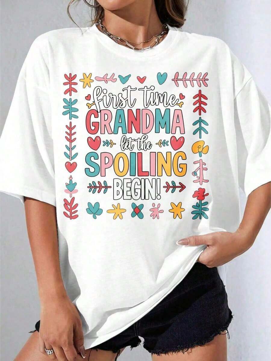 Camisetas de Mujer, Manga Corta Casual para Fiesta, Camiseta OneWhite con Estampado Gráfico Floral y de Corazones Coloridos "Primera Vez Abuela, Que Comience el Abrazo", Regalo para Abuela, Celebración, 180g - Blanco - Ver 1
