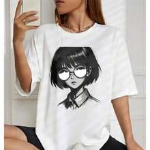 ModaModaSummer Camiseta de Algodón Estampada Estilo Coreano para Mujer, Diseño de Chica con Gafas y Corte de Pelo Bob, Manga Corta, Cuello Redondo, Top para Damas, Bonita y Estampada. - Blanco - Ver 5