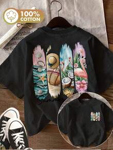 Edición Limitada, Camiseta de Mujer de Primavera/Verano con Estampado de Doble Cara, Estilo Acuarela, Estampado de Conchas Marinas y Flamencos, Estilo Veraniego, Pura, Moda Casual, Corte Regular, Manga Corta, Cuello Redondo, Algodón Ligero - Albaricoque - Ver 9