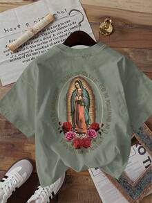 Limited EditionDouble-Sided Print Summer Casual Women's Top, Vintage Style, Our Lady Of Guadalupe Of Roses Print, Round Neck Short-Sleeved-Shirt, 1Lightweight Cotton - 綠色 - 查看 2