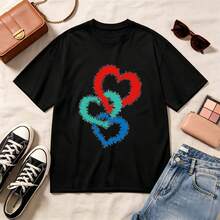 Retro Heart Design, 100% Cotton, Oversized Soft Breathable, Casual Crewneck, Short Sleeve Top, Summer Vibes, Romantic Streetwear, Kawaii Aesthetic - Negro - Ver 1