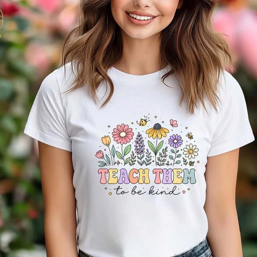 "Teach Them To Be Kind" T-Shirt, Back To School T-Shirt, Teacher Appreciation Gift. 220g Essential Unisex Cotton T-Shirt, 220g Of Unique Softness. Designed To Fit Everyone, Men And Women Alike. Durable, High-Quality Fabric, Ready For Any Cut, Delicate To The Touch But Built To Last. Lightweight Tops For Women, Fall Outfits, Vacation Wear, New Year's Costumes For Her. - 白色 - 查看 1