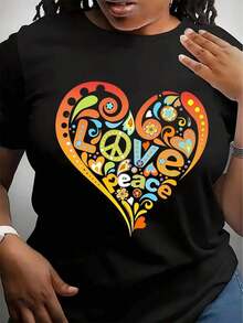 Camiseta Gráfica de Paz y Amor con Corazón para Mujer - Manga Corta, Cuello Redondo, Estilo Casual para Verano y Primavera, Diseño de Espiral Colorido, Tela Suave y Transpirable - Negro - Ver 6