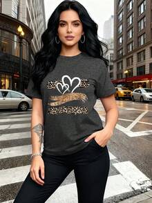Glitter Heart Print T-Shirt With Leopard Print Design,  And Breathable, Suitable For Family Trips, School Activities, Casual Sports, Daily Commutes, Matching Sister Outfits, Versatile T-Shirt. 9XO7 - 深灰色 - 查看 6