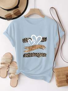 Glitter Heart Print T-Shirt With Leopard Print Design,  And Breathable, Suitable For Family Trips, School Activities, Casual Sports, Daily Commutes, Matching Sister Outfits, Versatile T-Shirt. 9XO7 - 淺藍色 - 查看 4