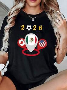 Símbolos que representan la unión deportiva entre México Canadá y Estados Unidos con un balón y el número 2026 evocando la pasión del fútbol y la confraternidad continental camiseta de mujer moderna y cómoda para uso casual - Negro - Ver 6