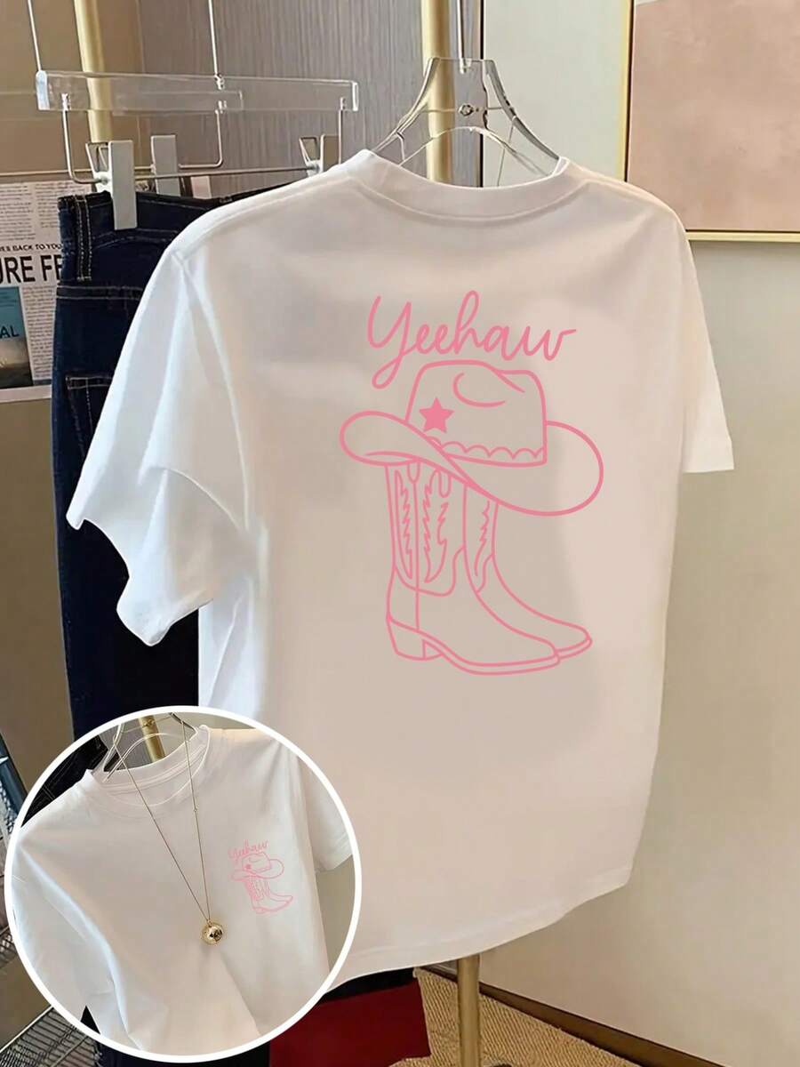 Camiseta de manga corta con paneles frontales y traseros - Estampado de moda estilo vaquero del oeste, "Yeehaw" - Camiseta de mujer con estampado de moda para primavera/verano, artículo de moda. - Blanco - Ver 1