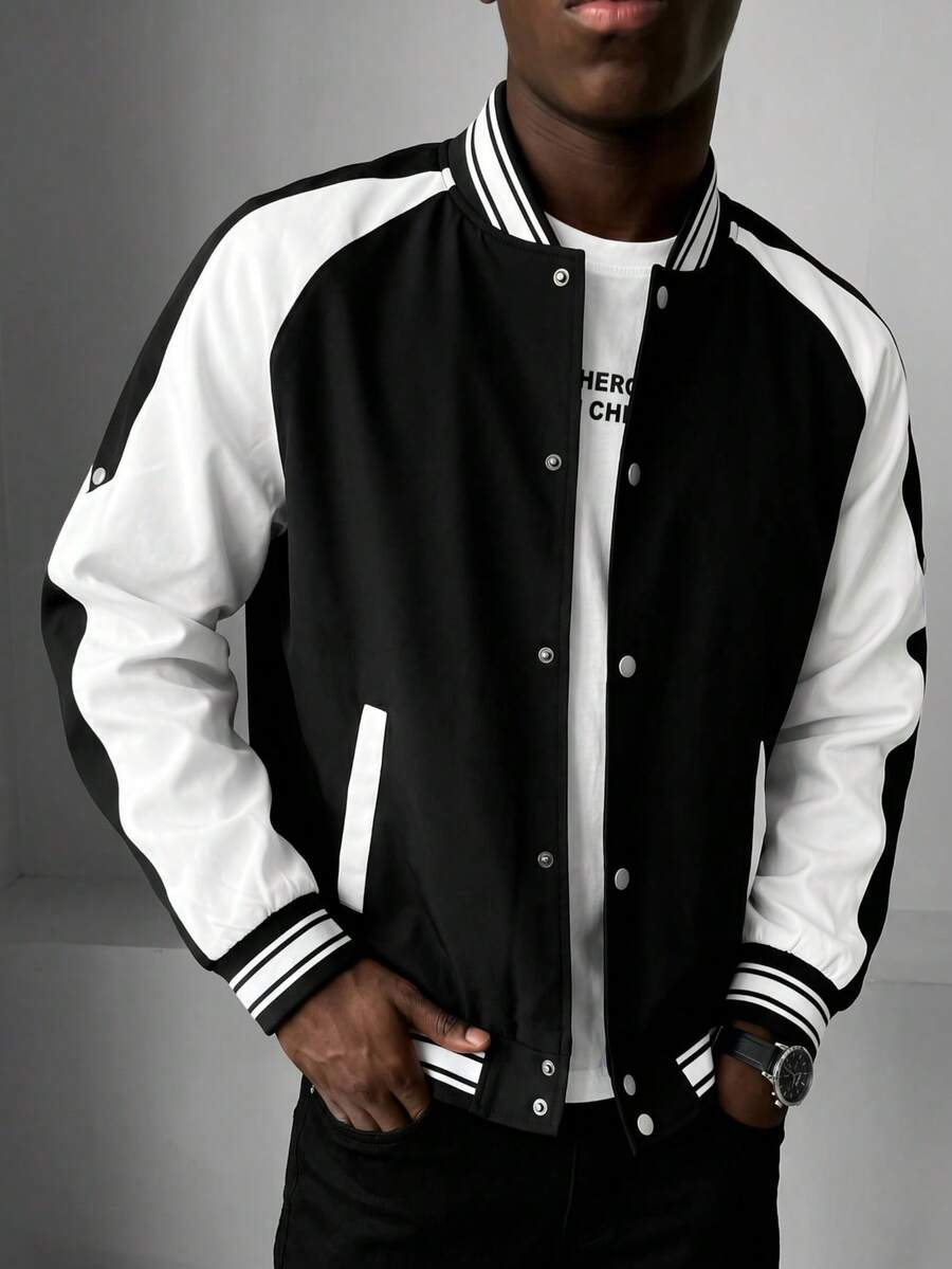 1pc Men's Jacket, Black & White Contrast Raglan Sleeve Baseball Jacket, Side Button Design, Wrinkle-Resistant, Durable, Non-Deforming, Easy Care, American Street Hip-Hop Style, Suitable For Daily Wear, Commuting, Outings, Parties - Black - View 1