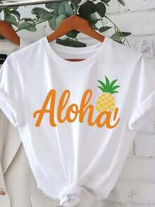 100% Cotton Hawaiian Aloha T-Shirt With Pineapple Print | Vibrant Orange And Tropical Green Short Sleeve Crew Neck, Lightweight And Breathable Fabric, Relaxed Fit, Casual Summer Beach Wear, Hawaiian Shirt For Women - 白色 - 查看 1