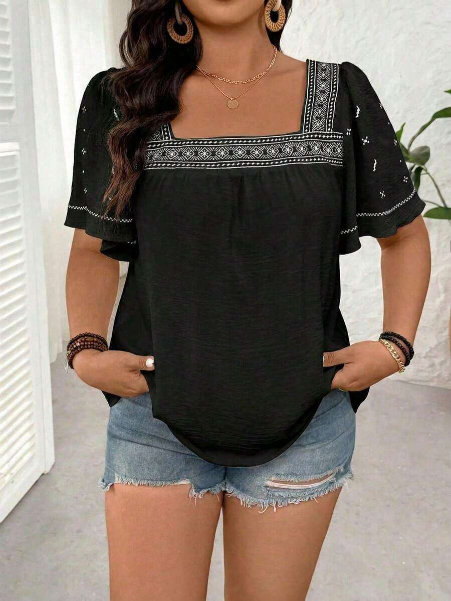 LUNE Camisa de mujer talla grande con cuello cuadrado bordado, mangas con volantes y de manga corta, de estilo versátil, casual y minimalista, adecuada para primavera y verano - Negro - Ver 1