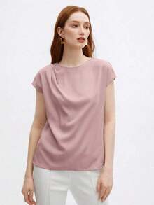Blusa nueva de primavera/verano con diseño de hombros plisados de cuello redondo en azul, camisa elegante y única para salidas, oficina, ocasiones formales, moda básica profesional casual de alta gama, invitada de boda, fiesta, estilo del milenio, - Rosa - Ver 5