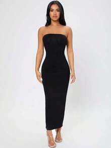 Vestido De Tubo Sin Tirantes Con Espalda Dividida Para Mujeres En Verano - Negro - Ver 3
