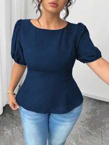 Blusa casual de manga corta con lazo y espalda abierta, unicolor, para mujer talla grande, verano - Azul marino - Ver 5