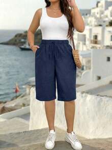 Pantalones cortos holgados de lino de talla grande para mujer, de unicolor, con bolsillo y lazo en la cintura, pantalones cortos anchos y de pierna ancha, pantalones cortos modestos para vacaciones y verano, color negro - Azul marino - Ver 1