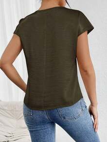 holgada y elegante casual con detalles metálicos en los hombros, blusa plisada de satén sólido de manga tipo murciélago para mujeres - Marrón 2 - Ver 2