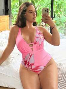 Traje de baño de una pieza con estampado floral, de talla grande, para vacaciones, de corte casual y ajustado, con control de abdomen, tirantes gruesos ajustables y escote en V profundo - Rosa - Ver 1