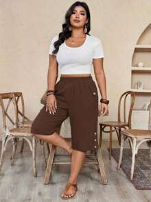 Pantalones cortos casuales y versátiles de talla grande para mujer, de unicolor, con cintura elástica y bolsillos - Marrón - Ver 6