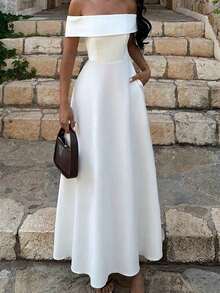Vestido de mujer de unicolor con hombros descubiertos, nuevo vestido largo elegante y ajustado sin espalda para fiestas, uso diario y citas - Blanco 2 - Ver 1