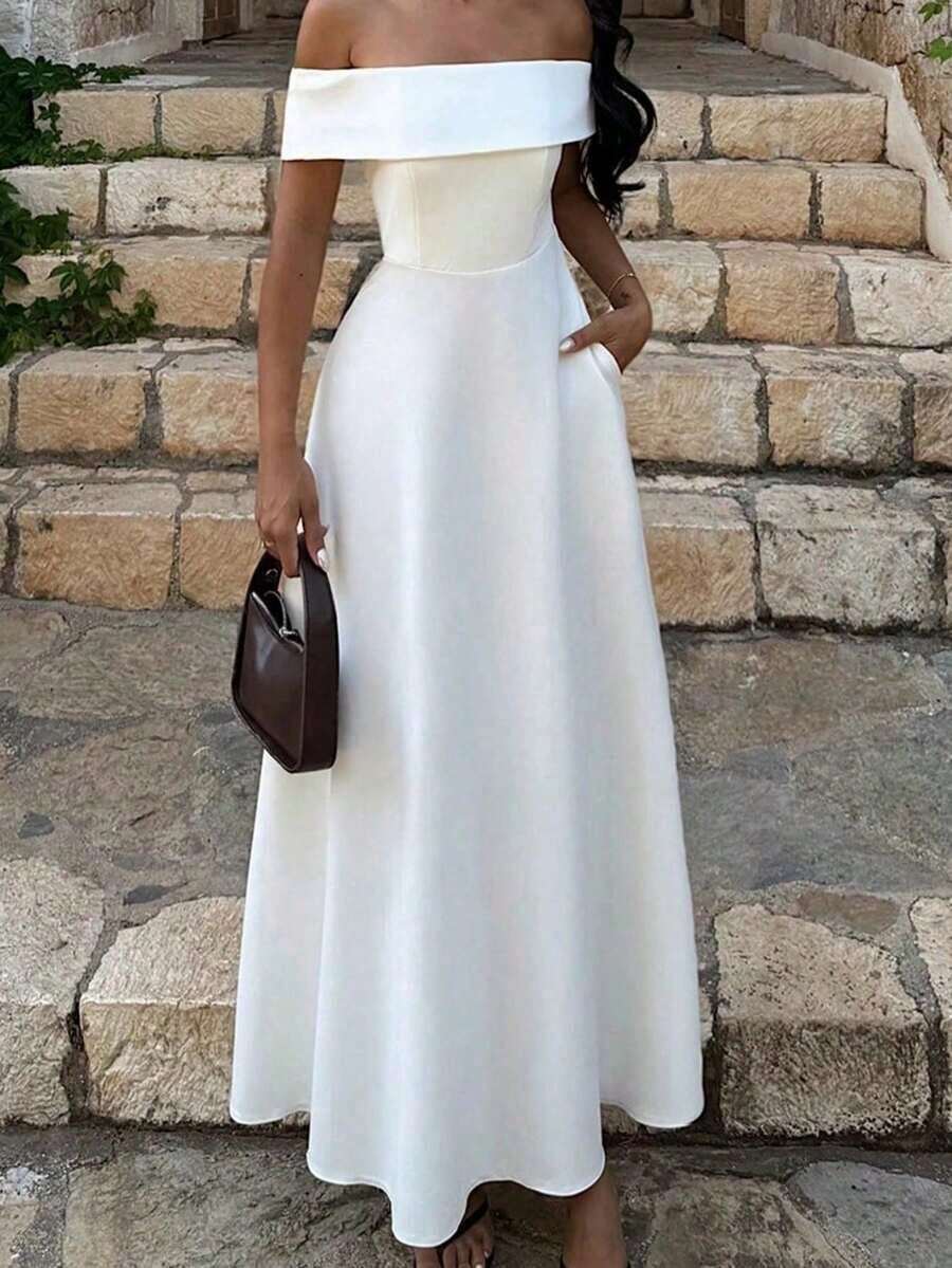 Vestido de mujer de unicolor con hombros descubiertos, nuevo vestido largo elegante y ajustado sin espalda para fiestas, uso diario y citas - Blanco 2 - Ver 1
