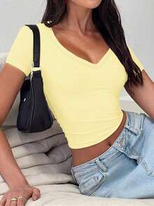 Camiseta ajustada de manga corta con cuello en V de unicolor para mujer, estilo Y2K sexy, adecuada para uso diario casual, blanco verano - Amarillo - Ver 10