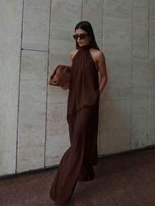 Conjunto de blusa y pantalones rectos holgados de mujer, elegante y casual para oficina, de gasa rosa con cuello de halter sin mangas y dobladillo asimétrico suelto, nuevo para primavera/verano - Marrón - Ver 1