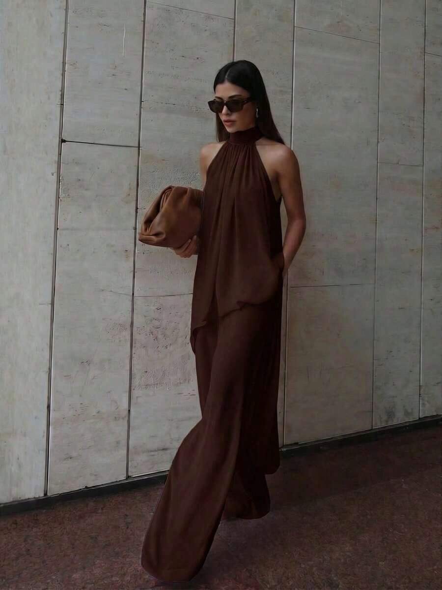 Conjunto de blusa y pantalones rectos holgados de mujer, elegante y casual para oficina, de gasa rosa con cuello de halter sin mangas y dobladillo asimétrico suelto, nuevo para primavera/verano - Marrón - Ver 1