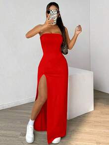 Vestido de ajustado para mujeres con muslo dividido y sin tirantes de unicolor - Rojo - Ver 7