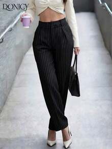 Pantalones rectos de cintura alta de unicolor con pliegues para mujer, suaves y cómodos, versátiles y elegantes para uso casual urbano, adecuados para uso diario casual, citas, fiestas, San Valentín, carnaval y oficina - Negro - Ver 9