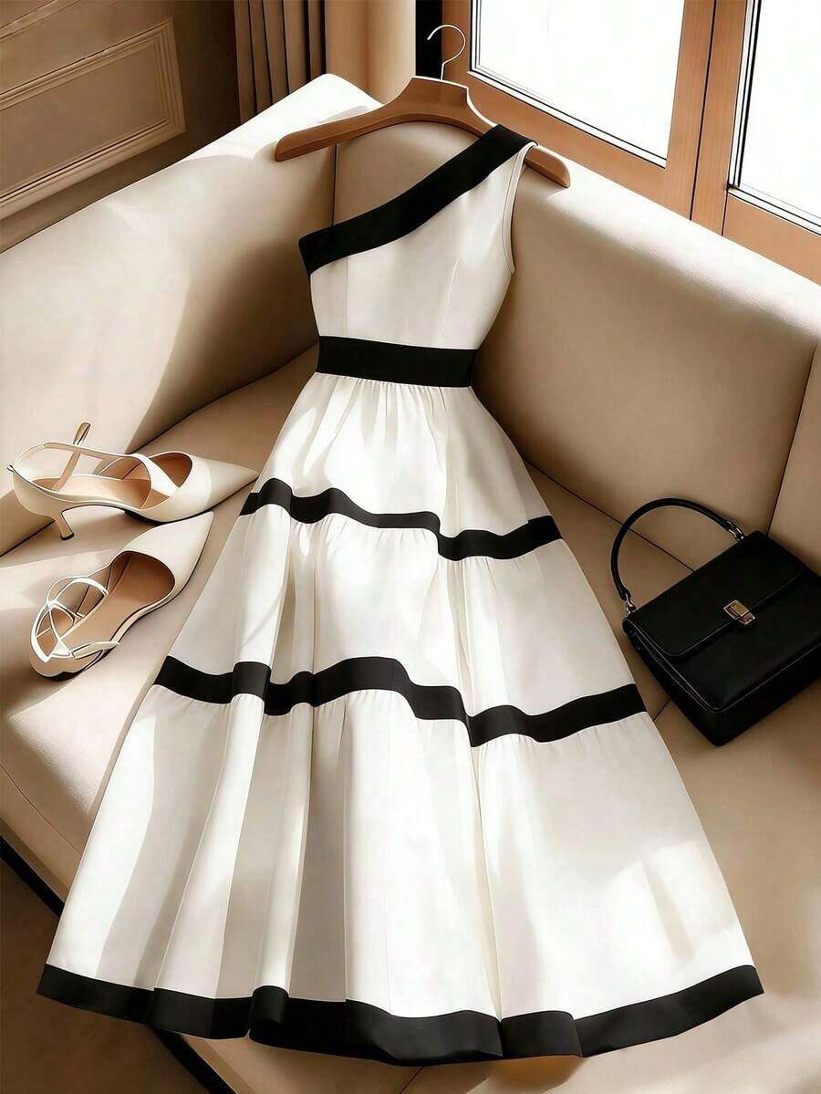Vestido sin mangas de unicolor tejido con hombros oblicuos en contraste, elegante para primavera/verano - Albaricoque - Ver 1