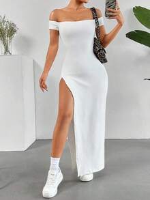 Vestido de verano de un solo hombro con abertura alta y unicolor minimalista para mujer - Blanco - Ver 7