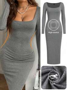 Vestido ajustado de manga larga con cuello cuadrado, de punto básico gris para mujer, para primavera/verano - Gris - Ver 7