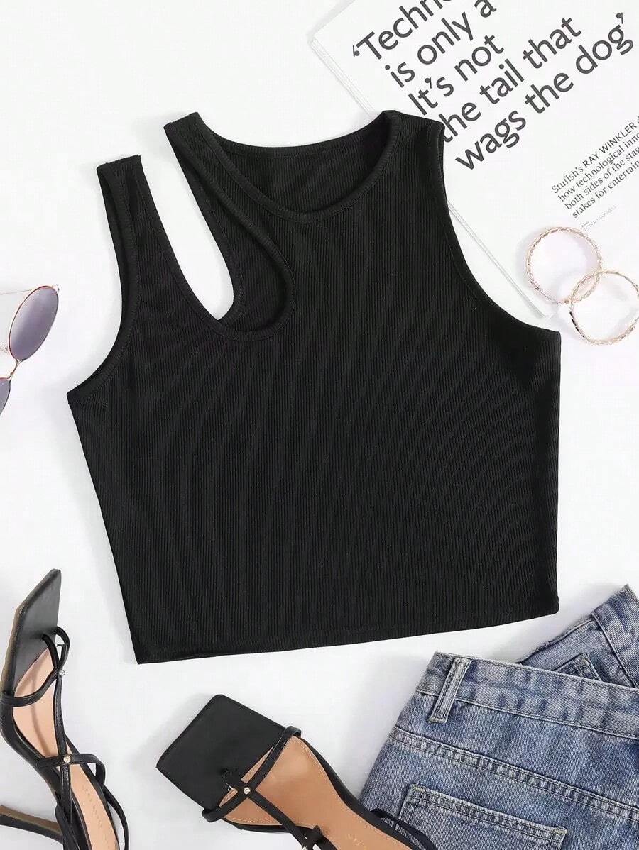 Top Sin Mangas De Punto Acanalado Con Hombro Cortado Sólido Para Verano - Negro - Ver 1