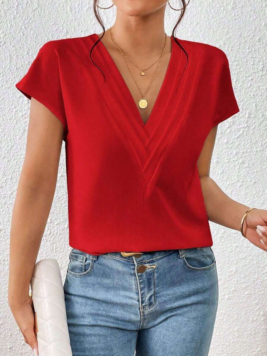 Blusa de mangas de murciélago sólidas, cuello en V, blusas de manga corta - Rojo - Ver 1