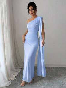 Vestido largo ajustado de mujer de color amarillo claro, moda para primavera/verano - Azul - Ver 4