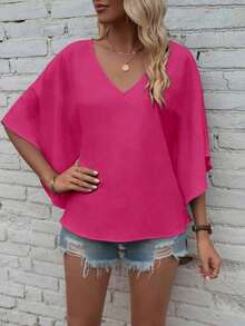 Camisa de manga corta de unicolor, cuello en V, holgada y casual para vacaciones - Rosa Fucsia - Ver 6