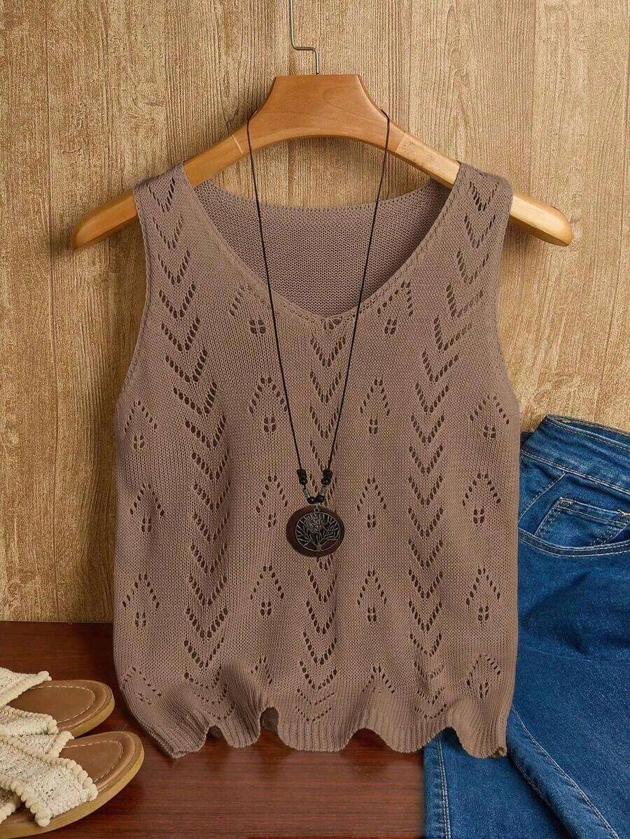 Ropa de punto casual de mujer de cuello en V sin mangas - Marrón - Ver 1