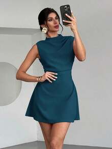 Vestido mini plisado de línea A elegante, minimalista, delicado, romántico y dulce para uso diario, boda, fiesta, festival de música y vacaciones, con camisola roja - Agua verde azul - Ver 8