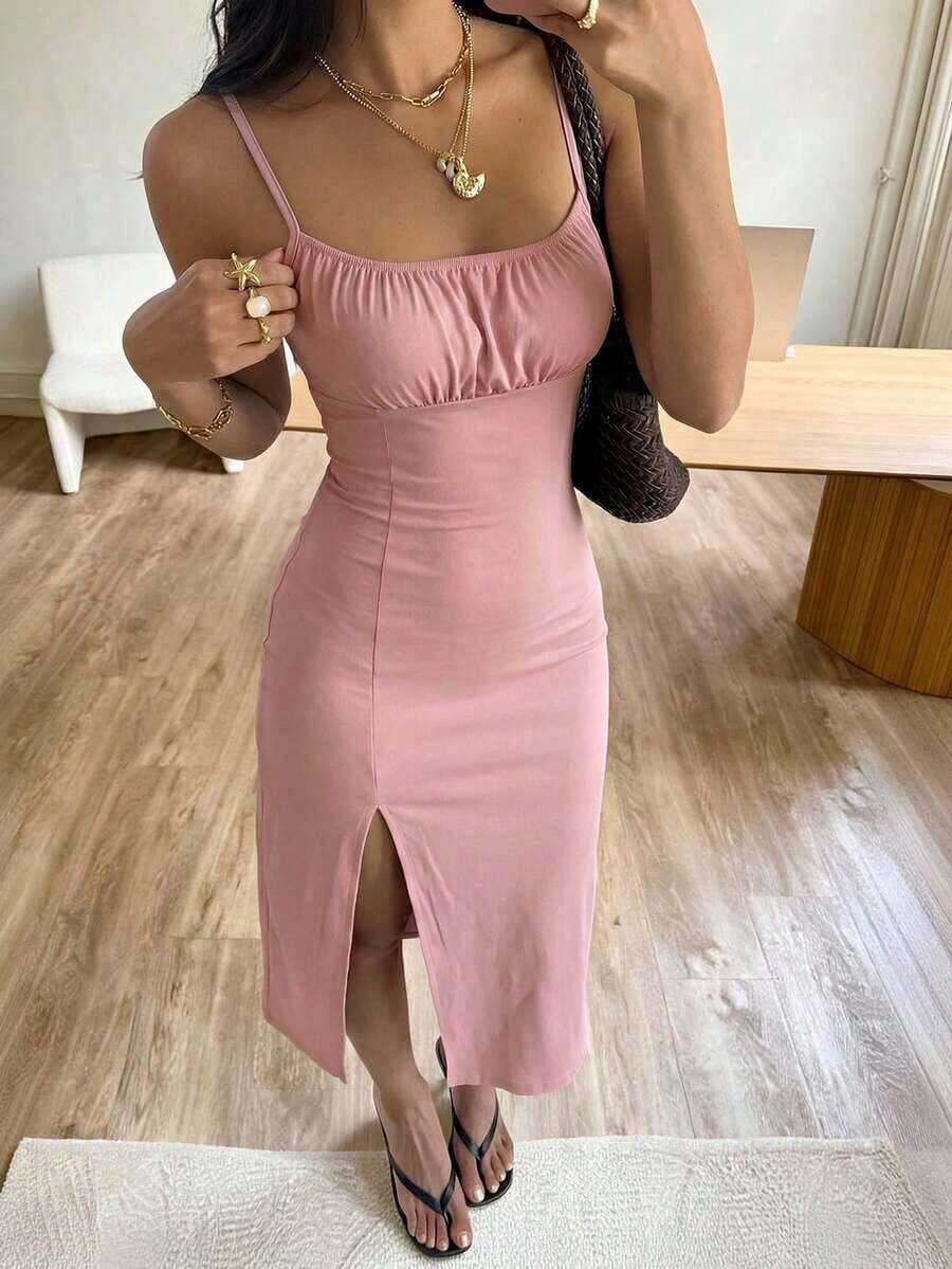 Vestido midi de leopardo con abertura lateral y tirantes - Rosa vieja - Ver 1