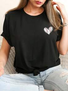 Camiseta Casual de Béisbol con Estampado de Corazón para Mujer - 100% Poliéster, Cuello Redondo y Manga Corta, Tejido Ligero Transpirable de 180gsm para Primavera/Verano, Lavable a Máquina - Negro - Ver 6